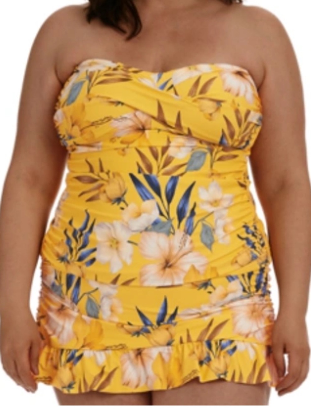 La Blanca Belle Fiore Bright Yellow Floral Tankini with Ruffled Skirt Size 18W
